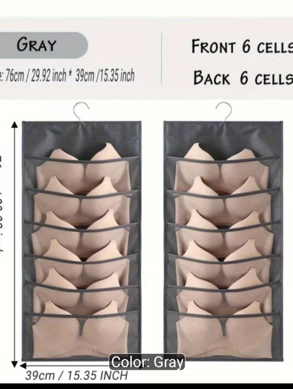 Gray Over-the-Door 12-Pocket Bra and Lingerie Organizer